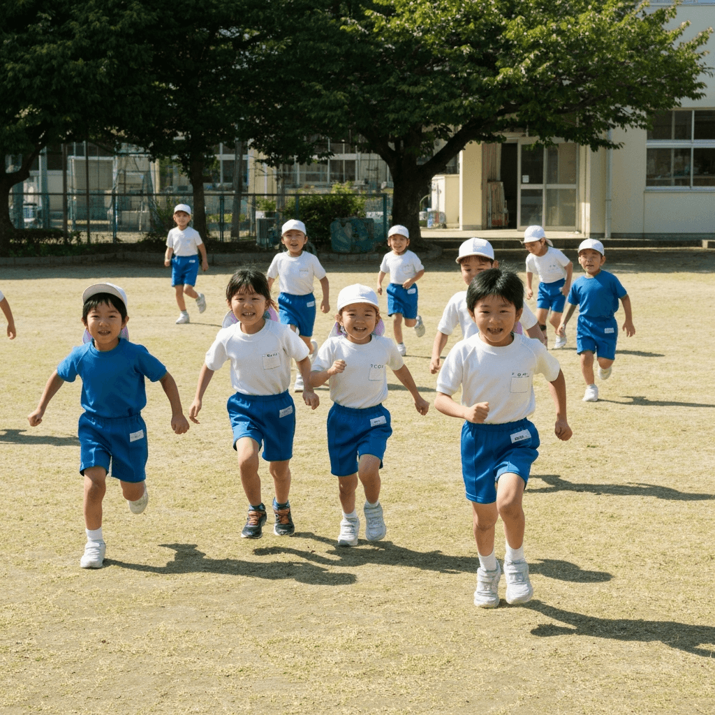 6歳の子どもが小学校の体育でスポーツをしている様子