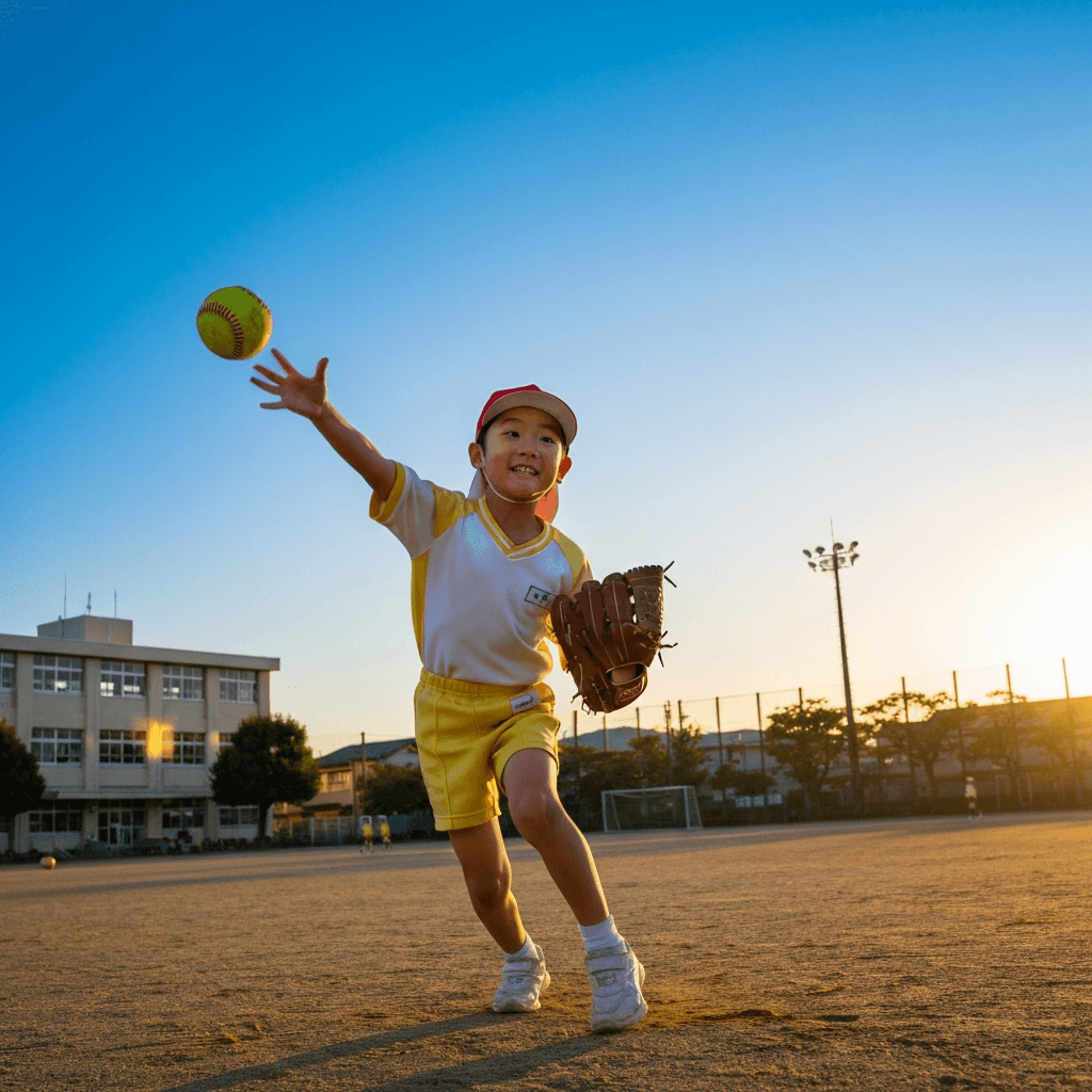 ボール投げの練習に取り組む小学生