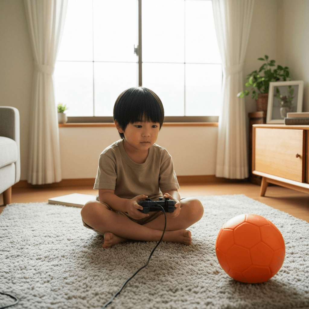 ゲームをする子どもと外で遊ぶ子どもの対比
