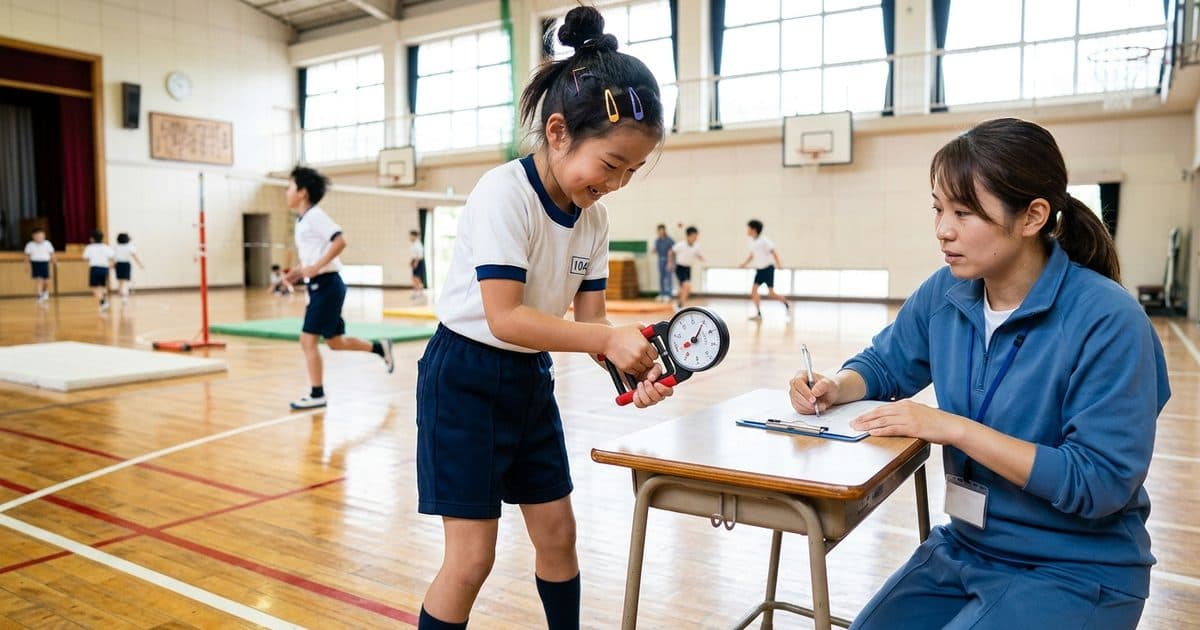 握力計を握っている小学生の手