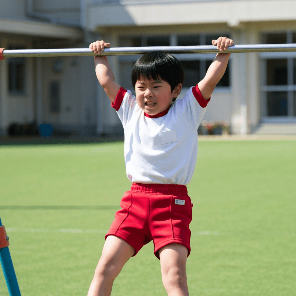 逆上がりに取り組む小学生