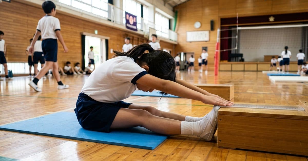 体育館で長座体前屈に取り組む小学生