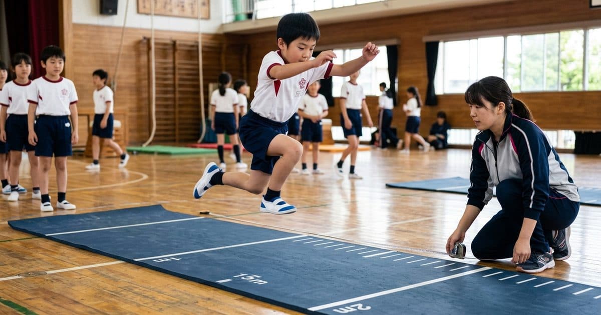 体育館で立ち幅跳びに取り組む小学生